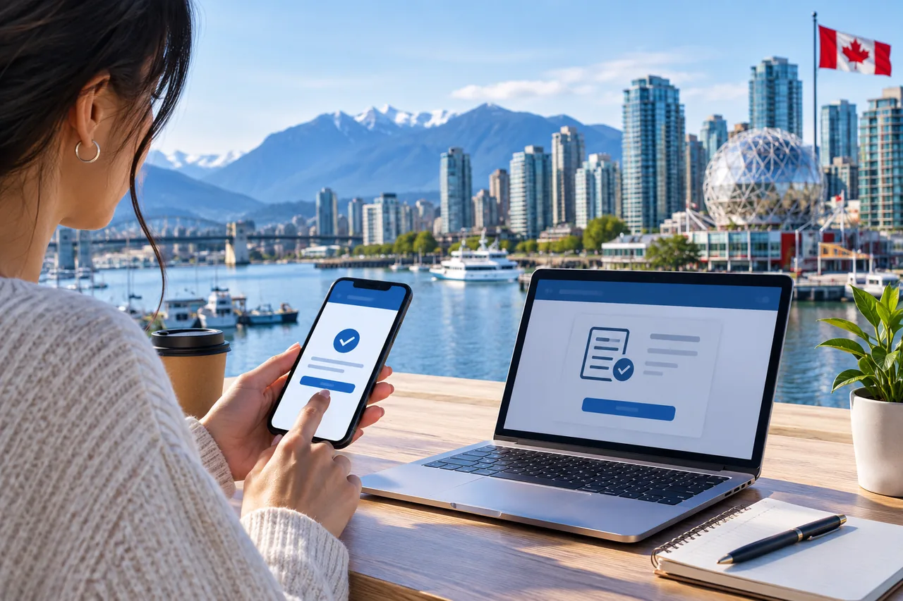 Payday loans Vancouver application on a phone with the downtown skyline behind